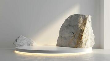 AI generated A white and gold of a nature marble platform surrounded by rocks. The background is geometric Stone and Rock shape, minimalist mockup for podium display showcase, studio room photo