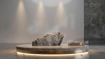 AI generated A white and gold of a nature marble platform surrounded by rocks. The background is geometric Stone and Rock shape, minimalist mockup for podium display showcase, studio room photo