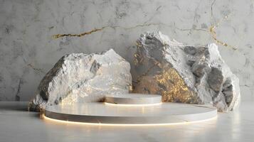AI generated A white and gold of a nature marble platform surrounded by rocks. The background is geometric Stone and Rock shape, minimalist mockup for podium display showcase, studio room photo