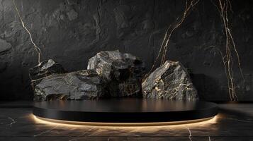 AI generated A black and gold of a nature marble platform surrounded by rocks. The background is geometric Stone and Rock shape, minimalist mockup for podium display showcase, studio room photo