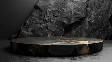 AI generated A black and gold of a nature marble platform surrounded by rocks. The background is geometric Stone and Rock shape, minimalist mockup for podium display showcase, studio room photo