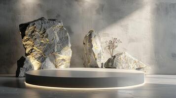 AI generated A white and gold of a nature marble platform surrounded by rocks. The background is geometric Stone and Rock shape, minimalist mockup for podium display showcase, studio room photo