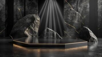 AI generated A black and gold of a nature marble platform surrounded by rocks. The background is geometric Stone and Rock shape, minimalist mockup for podium display showcase, studio room photo