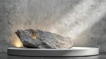 AI generated A white and gold of a nature marble platform surrounded by rocks. The background is geometric Stone and Rock shape, minimalist mockup for podium display showcase, studio room photo