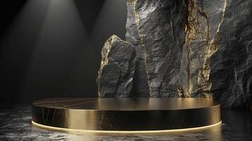 AI generated A black and gold of a nature marble platform surrounded by rocks. The background is geometric Stone and Rock shape, minimalist mockup for podium display showcase, studio room photo