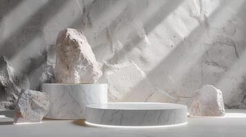 AI generated A white and gold of a nature marble platform surrounded by rocks. The background is geometric Stone and Rock shape, minimalist mockup for podium display showcase, studio room photo