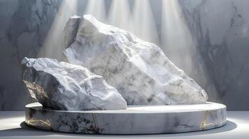 AI generated A white and gold of a nature marble platform surrounded by rocks. The background is geometric Stone and Rock shape, minimalist mockup for podium display showcase, studio room photo