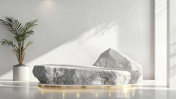AI generated A white and gold of a nature marble platform surrounded by rocks. The background is geometric Stone and Rock shape, minimalist mockup for podium display showcase, studio room photo