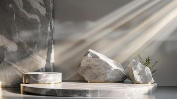 AI generated A white and gold of a nature marble platform surrounded by rocks. The background is geometric Stone and Rock shape, minimalist mockup for podium display showcase, studio room photo