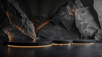 AI generated A black and gold of a nature marble platform surrounded by rocks. The background is geometric Stone and Rock shape, minimalist mockup for podium display showcase, studio room photo