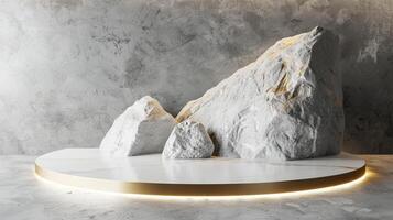 AI generated A white and gold of a nature marble platform surrounded by rocks. The background is geometric Stone and Rock shape, minimalist mockup for podium display showcase, studio room photo