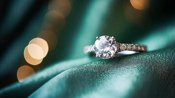 ai generado joyería, propuesta y fiesta regalo, diamante compromiso anillo en verde seda tela, símbolo de amar, romance y compromiso foto