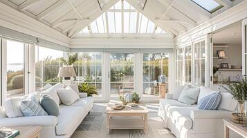 AI generated Conservatory room decor, white coastal cottage interior design, garden furniture with sofa and home decor, English country house photo