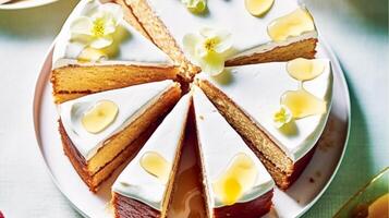 AI generated Food, bakery and holiday baking recipe, sliced sweet citrus cake with honey, generative ai photo