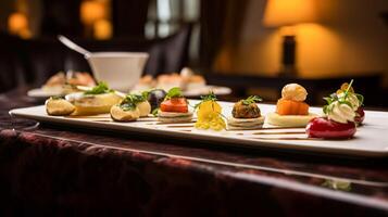 AI generated Food, hospitality and room service, starter appetisers as English countryside exquisite cuisine in hotel restaurant a la carte menu, culinary art and fine dining photo