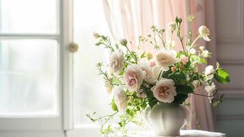 AI generated Spring flowers in vintage vase, beautiful floral arrangement, home decor, wedding and florist design photo