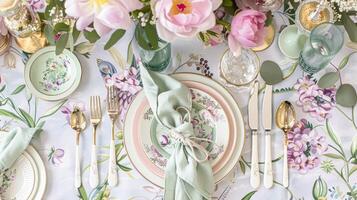 AI generated Easter tablescape decoration, floral holiday table decor for family celebration, spring flowers, Easter eggs, Easter bunny and vintage dinnerware, English country and home styling photo