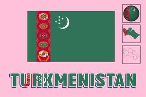 Turkmenistan flag and map in vector illustration