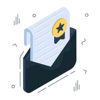 Paper with ribbon inside letter, isometric design of degree mail icon vector