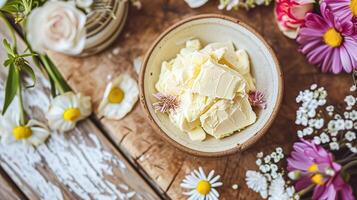 AI generated Creamy homemade butter in bowl, traditional food and country life photo