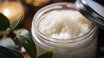 AI generated Body scrub in a jar, macro cosmetic product photo