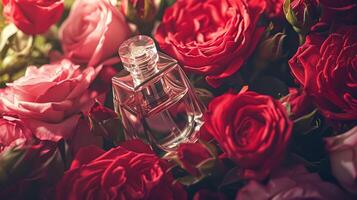 AI generated Perfume bottle in flowers, fragrance on blooming background, floral scent and cosmetic product photo