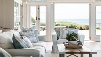 AI generated Coastal cottage sitting room, white living room interior design and country house home decor, sofa and lounge furniture, English countryside style photo