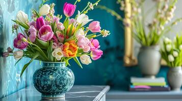 AI generated Spring flowers in vintage vase, beautiful floral arrangement, home decor, wedding and florist design photo