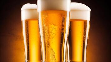 ai generado lentes de frío cerveza con espuma, medio litro de original prima cerveza beber, alcohol sabor y fiesta celebracion foto