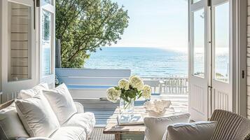 AI generated White coastal cottage terrace decor in the English countryside style with a seaview by the seaside, home decor and interior design photo