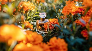 AI generated Perfume bottle in flowers, fragrance on blooming background, floral scent and cosmetic product photo