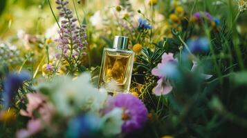 AI generated Perfume bottle in flowers, fragrance on blooming background, floral scent and cosmetic product photo