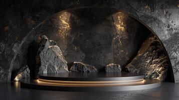 AI generated A black and gold of a nature marble platform surrounded by rocks. The background is geometric Stone and Rock shape, minimalist mockup for podium display showcase, studio room photo