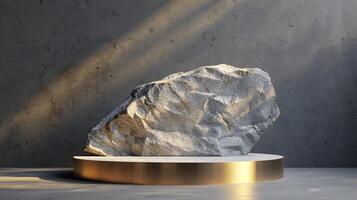 AI generated A white and gold of a nature marble platform surrounded by rocks. The background is geometric Stone and Rock shape, minimalist mockup for podium display showcase, studio room photo