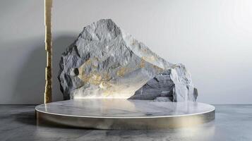 AI generated A white and gold of a nature marble platform surrounded by rocks. The background is geometric Stone and Rock shape, minimalist mockup for podium display showcase, studio room photo