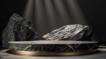 AI generated A black and gold of a nature marble platform surrounded by rocks. The background is geometric Stone and Rock shape, minimalist mockup for podium display showcase, studio room photo