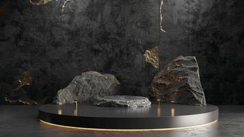 AI generated A black and gold of a nature marble platform surrounded by rocks. The background is geometric Stone and Rock shape, minimalist mockup for podium display showcase, studio room photo