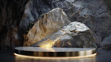 AI generated A white and gold of a nature marble platform surrounded by rocks. The background is geometric Stone and Rock shape, minimalist mockup for podium display showcase, studio room photo