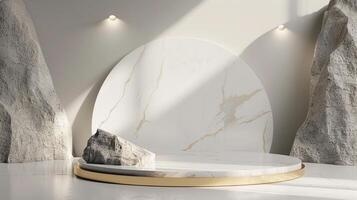 AI generated A white and gold of a nature marble platform surrounded by rocks. The background is geometric Stone and Rock shape, minimalist mockup for podium display showcase, studio room photo