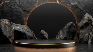 AI generated A black and gold of a nature marble platform surrounded by rocks. The background is geometric Stone and Rock shape, minimalist mockup for podium display showcase, studio room photo