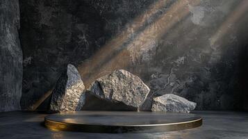 ai generado un negro y oro de un naturaleza mármol plataforma rodeado por rocas el antecedentes es geométrico Roca y rock forma, minimalista Bosquejo para podio monitor escaparate, estudio habitación foto