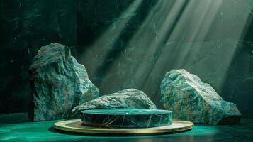 AI generated A green and gold of a nature marble platform surrounded by rocks. The background is geometric Stone and Rock shape, minimalist mockup for podium display showcase, studio room photo