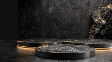 AI generated A black and gold of a nature marble platform surrounded by rocks. The background is geometric Stone and Rock shape, minimalist mockup for podium display showcase, studio room photo