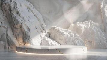 AI generated A white and gold of a nature marble platform surrounded by rocks. The background is geometric Stone and Rock shape, minimalist mockup for podium display showcase, studio room photo