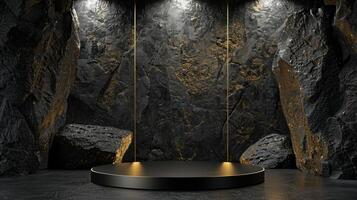 AI generated A black and gold of a nature marble platform surrounded by rocks. The background is geometric Stone and Rock shape, minimalist mockup for podium display showcase, studio room photo