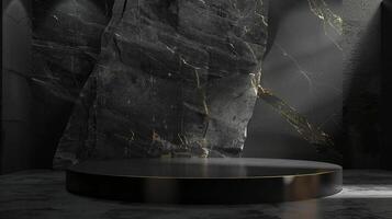 AI generated A black and gold of a nature marble platform surrounded by rocks. The background is geometric Stone and Rock shape, minimalist mockup for podium display showcase, studio room photo