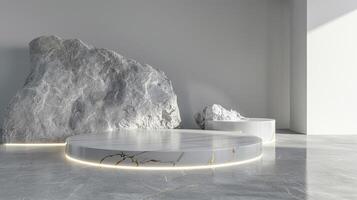 AI generated A white and gold of a nature marble platform surrounded by rocks. The background is geometric Stone and Rock shape, minimalist mockup for podium display showcase, studio room photo