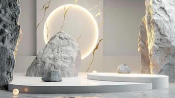 AI generated A white and gold of a nature marble platform surrounded by rocks. The background is geometric Stone and Rock shape, minimalist mockup for podium display showcase, studio room photo