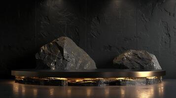 AI generated A black and gold of a nature marble platform surrounded by rocks. The background is geometric Stone and Rock shape, minimalist mockup for podium display showcase, studio room photo