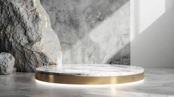 AI generated A white and gold of a nature marble platform surrounded by rocks. The background is geometric Stone and Rock shape, minimalist mockup for podium display showcase, studio room photo